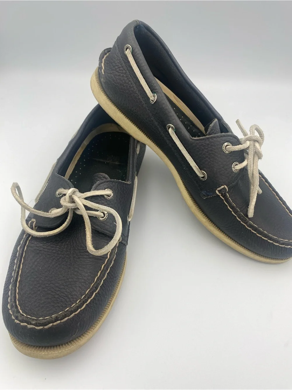 Sperry Dark Brown Leather Boat Shoes with Cream Laces